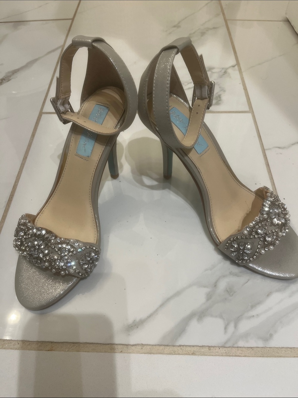 Betsey Johnson Silver Crystal Embellished Ankle-Strap Heels